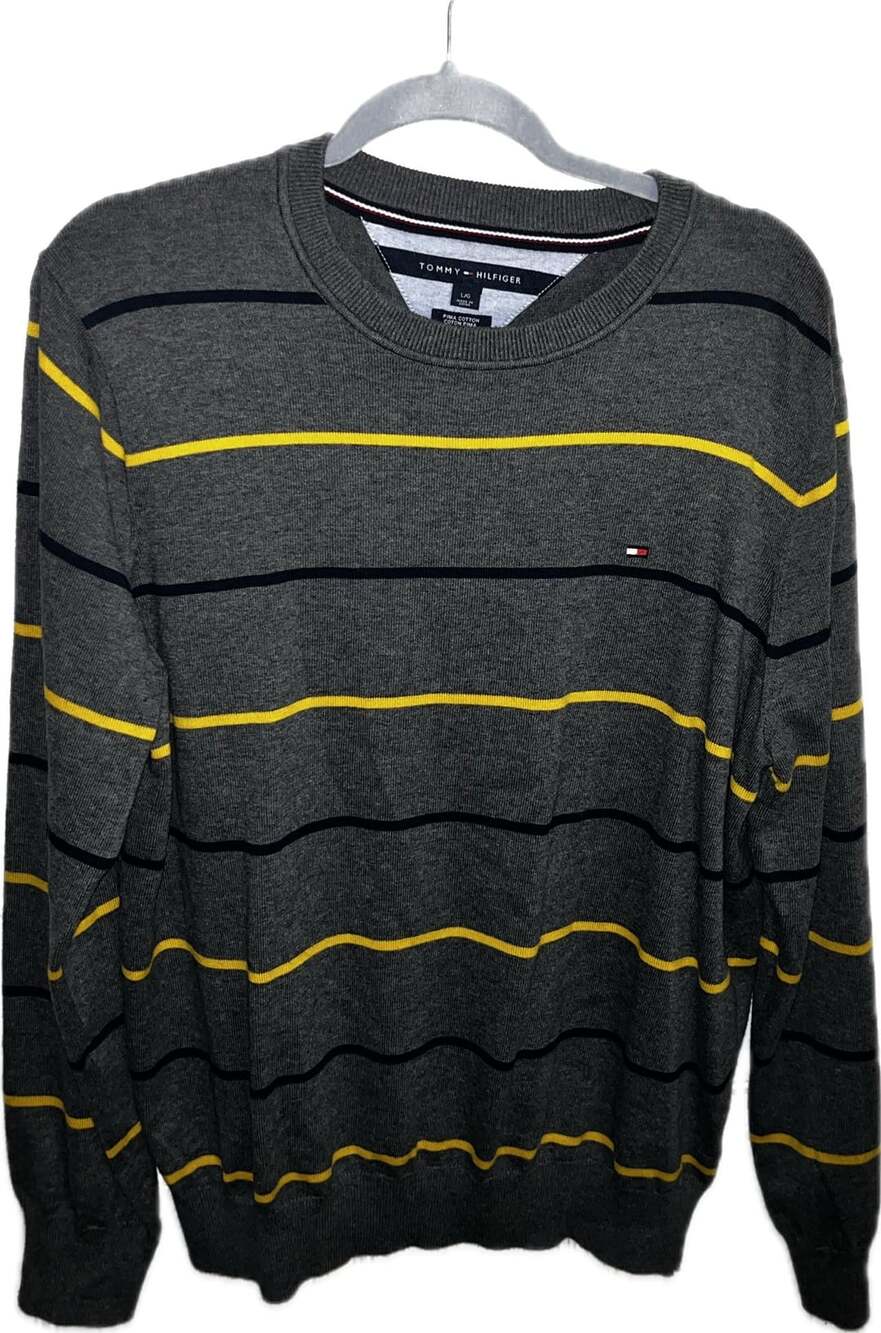 Tommy Hilfiger Crewneck Sweater Size L Gray Striped Pima Cotton